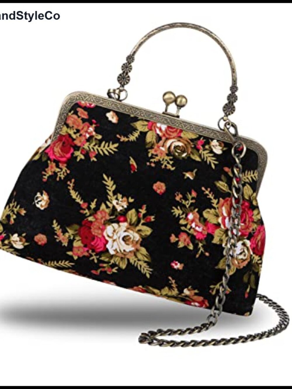 Vintage Kiss Lock Clutch Top Handle Evening Bag Floral Cotton Canvas